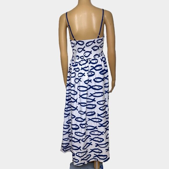 Women Fit & Flare Dress Size S Print Fish Blue Blue White Square Neck Sleeveless - Picture 4 of 8